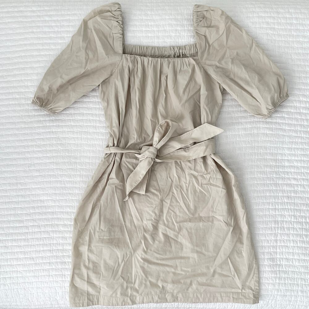 Faherty Khai Belted Puff Sleeve Square Neck Cotton Poplin Mini Dress Birch Small